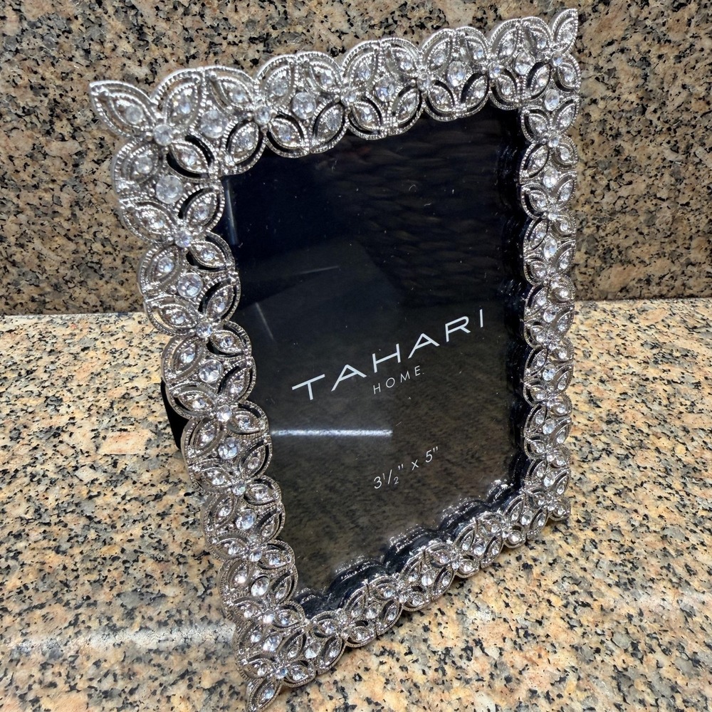 Tahari Home Picture Photo Frame 3.5x5 Silver Jeweled Floral Tabletop Decor